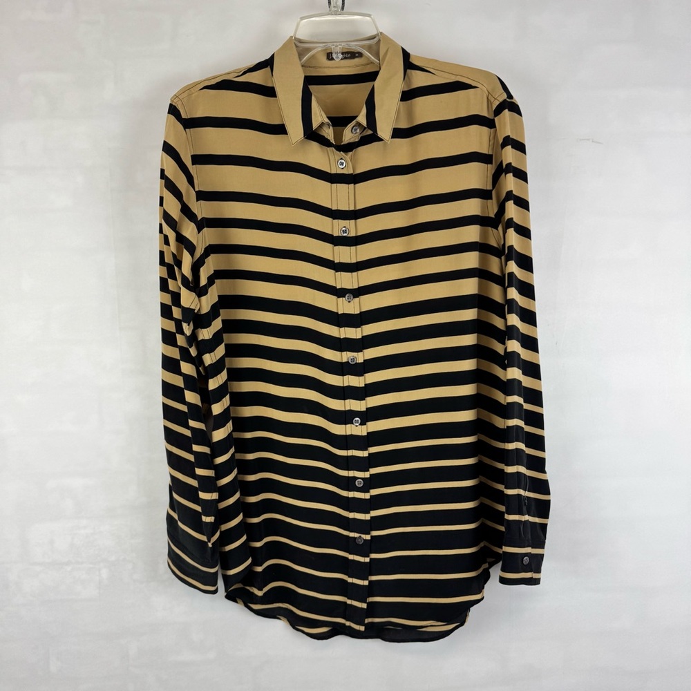 J. McLaughlin 100% Silk Striped Button Front Shirt Blouse Black‎ Tan Size M